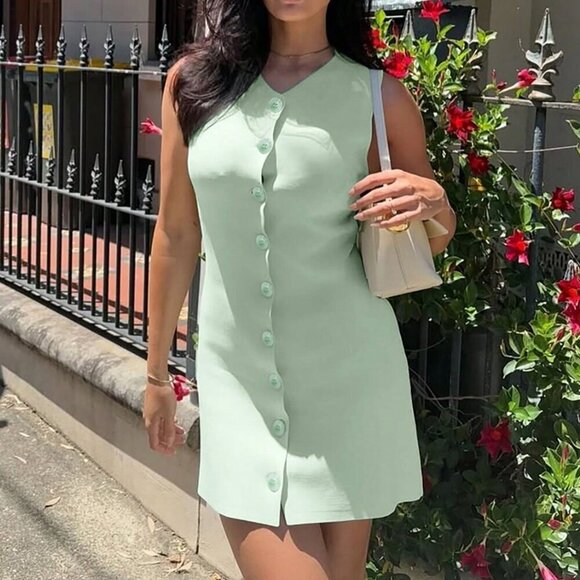 Mint Green Casual Women's knit button  detailed Pullover mini dress - Picture 1 of 11